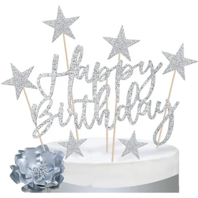 Productafbeelding van Taartdecoratie Cake Topper "Happy Birthday" met sterren, 20 stuks, zilver