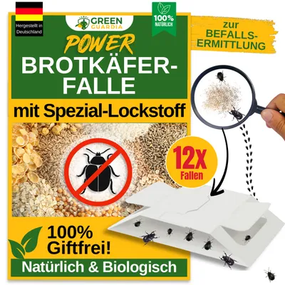 A collage of images promoting a product for catching bread beetles. It includes a product box, close-ups of the product, and graphics illustrating its use.