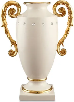 Produktbild von Casa Padrino Barock Vase Elfenbeinfarben / Gold 28 x 18 x H. 36 cm - Prunkvolle handgefertigte & handbemalte Keramik Blumenvase mit Swarovski Kristallglas
