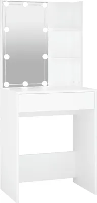 A white vanity table with a mirror and LED lights.