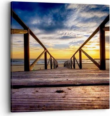 Produktbild von Bild auf Leinwand - Leinwandbild - Strand Ozean Sand Holzbrücke Sonnenuntergang - 40x40cm - Wand Bild - Wanddeko - Leinwanddruck - Bilder - Kunstdruck - Leinwand bilder - Wandkunst - AC40x40-0430
