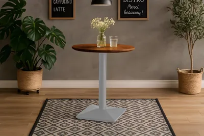 Produktbild von Bistrotisch Schweizer Kante massiv Akazie nussbaumfarben 70 cm Säulengestell-eckig silber BRASILIA