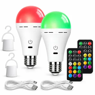Produktbild von 2er set Weihnachtsbeleuchtung E27 RGB LED-Glühbirne mit Fernbedienung,2600mAh Akku,USB-C aufladbar,dimmbar,Timer,3 Farbtemperaturen,mit Haken,kabellos