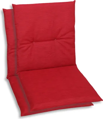 Two red chair cushions are shown side-by-side against a white background.