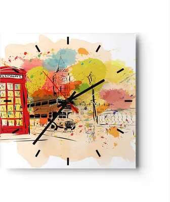 Produktbild von Wanduhr - Quadrat - Glasuhr - London Bus - 40x40cm - Schleichendes Uhrwerk - Lautlos - zum Aufhängen bereit - Dekoration Modern - Wanddekoration aus Glas - C3AC40x40-3920