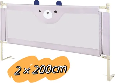 Image de 2 côtés 200cm Barrière de lit pour enfants Portable Bed Rail pour bébés et enfants Hauteur réglable filet aéré 70cm de haut (Gris 2 côtés )