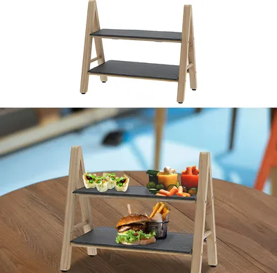Produktbild von Etagere Schiefer Holz 2 Etagen 32x18x28cm Gestell Servierplatte Serviertablett Servierständer