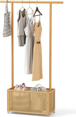 Image de Portant à vêtements en bambou avec panier en rotin et roulettes, 100 x 32,5 x 172 cm