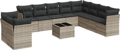 Produktbild von vidaXL 11-tlg. Garten-Sofagarnitur mit Kissen Hellgrau Poly Rattan