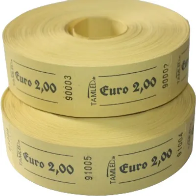 Immagine prodotto di Rotolo di scontrini da 2,00 €  giallo, 2 pezzi da 1000 scontrini perforati, numerati in  progressivo