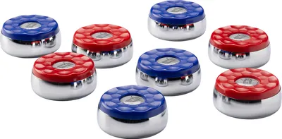 A set of shuffleboard pucks on a white background.