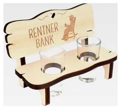 Produktbild von Schnapsbank aus Holz mit Gravur „Rentnerbank“ und 2 Gläsern | Geschenkidee für den Ruhestand