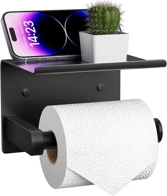 Produktbild von Famanu Toilettenpapierhalter mit Ablage – Wandmontage, selbstklebend oder mit Schrauben, Edelstahl, schwarz