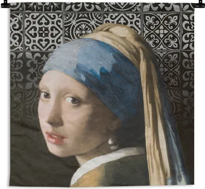 Produktbild von MuchoWow® Wandteppich Wandbehang Vermeer - Mädchen mit Perlenohrring - Kacheln 150x150 cm Tapisserie Dekoration Wandtuch - Wohnaccessoires - Modernes