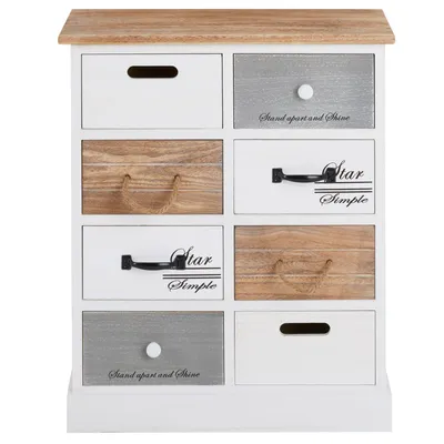 Produktbild von Kommode SALVA im Vintage Look mit 8 unterschiedlichen Schubladen, Shabby chic Schubladenschrank, weiß lasiertes Standregal