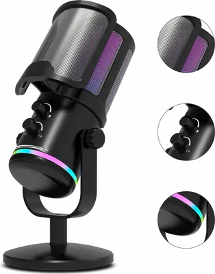 Produktbild von Schwarzes USB-Gaming-Mikrofon für PC und PS4/5 mit RGB-Display und Tischstativ, ideal für Streaming, Podcasting und Videoaufnahmen.