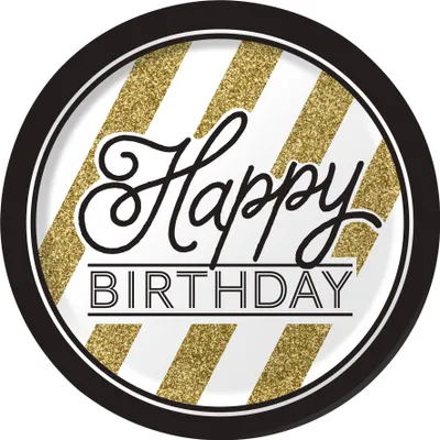 Immagine prodotto di Piatti di compleanno Happy Birthday 8 pezzi nero-oro-bianco 23 cm -