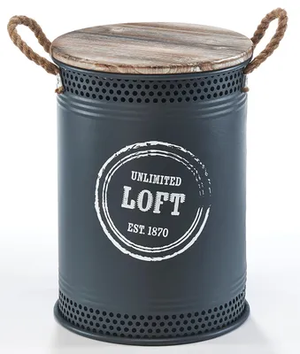 A dark gray cylindrical storage bin with a wooden lid, rope handles, and perforated detailing at the top and bottom. It has a circular graphic with text on the front.