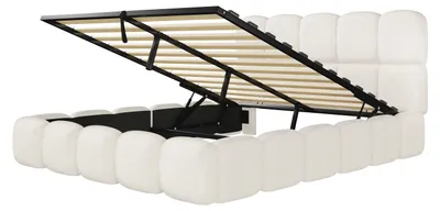 Produktbild von Flieks Hydraulisches Polsterbett 160x200cm mit Stauraum, Doppelbett Stauraumbett mit Lattenrost, Jugendbett Holzbett mit Kopfteil, Bouclé, Weiß