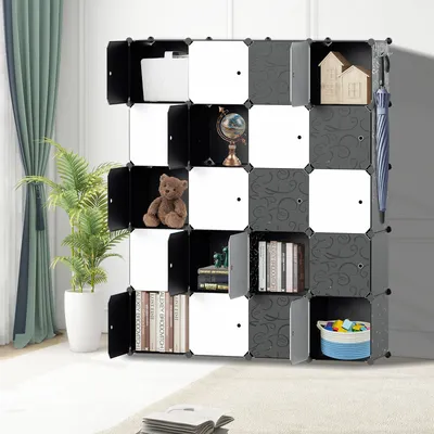 Produktbild von TolleTour DIY Kleiderschrank Regalsystem Schuhregal 20 Würfel Garderobe aus Kunststoff, 175x140x35cm Schwarz und weiß