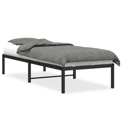 A black metal bed frame with a mattress and gray bedding, shown from a side angle against a white background.
