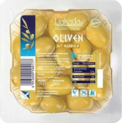Produktbild von Liakada Grüne Oliven mit Mandeln 100 G Klarsichtpackung Vegan Glutenfrei Fruchtig, leicht bitter, würzige Note