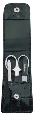 Produktbild von Solingen Maniküre Set 3-teilig – Nagelschere, Pinzette & Saphirfeile – Echtleder Etui Germany Schwarz glänzend / Kayman