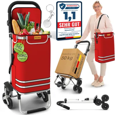 Produktbild von ELONEO Einkaufstrolley Treppensteiger mit Kühlfach, Einkaufsroller klappbar, Shopping Trolley höhenverstellbar, abnehmbare Tasche 56 L - Rot