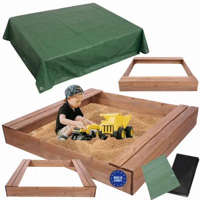 Produktbild von MODO24 Sandkasten Holz, Sitzbänke, Schutzplane, Holzsandkasten, Kinder Gartenspielzeug, Garten, 140x137 cm, Braun Imprägniert, PIA