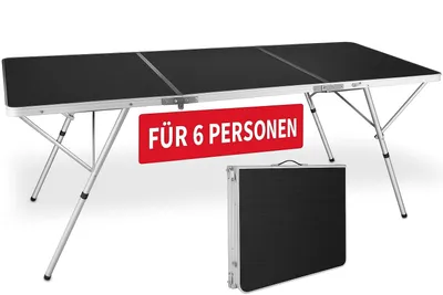 A black folding table with silver legs is shown, along with a folded version of the table.