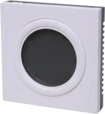A white square thermostat with a circular dark gray display and a white bezel, set against a white background.