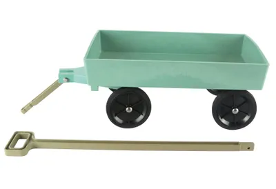 A green toy wagon and a tan handle are displayed against a white background.