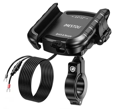 Zdjęcie produktu dla Ładowarka USB do motocykla z szybkim portem USB-C, uchwyt na telefon 5,4"-7,2", kompatybilna z kierownicami o średnicy 12-32 mm, wykonana z aluminium, obrotowa o 360°