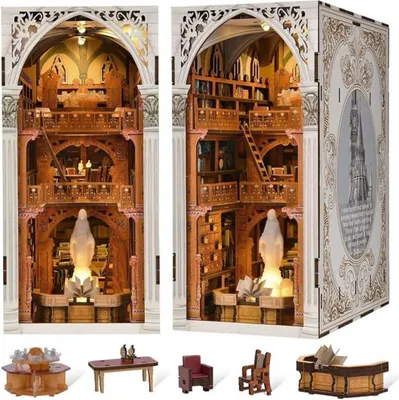 Obrázok produktu pre Habarri | DIY Book Nook - Knižnica opátstva - Puzzle 3D - Miniatúrny domček s nábytkom a LED svetlom - Súprava Book Nook