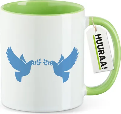 Produktbild von Huuraa Kaffeetasse Friedenstauben 330ml Grün Keramik Kaffeebecher Geschenkidee