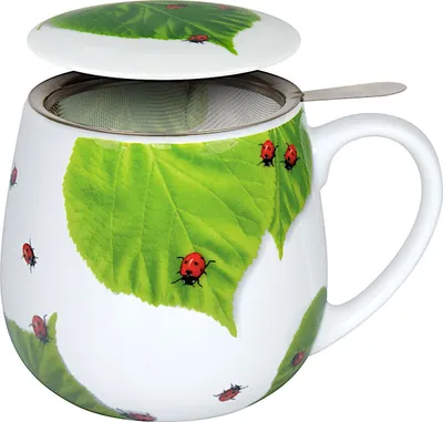 Produktbild von Könitz Becher mit Sieb und Deckel 420 ml Tea for you - Marienkäfer auf Laub / Teebecher