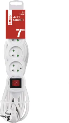 Prodlužovací kabel 7 m / 4 zásuvky / s vypínačem / bílý / PVC / 1,5 mm2