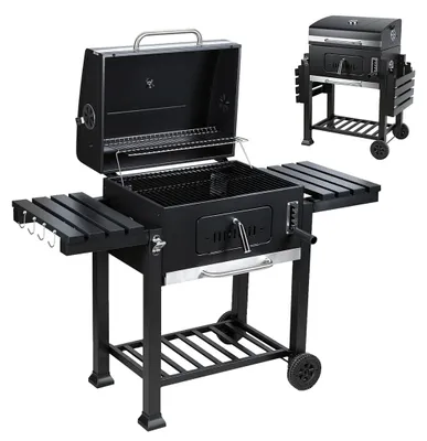 Produktbild von Faziango Holzkohlegrill, Gartengrill mit 2 Rädern und Temperaturanzeige, Kohlegrill mit zwei klappbaren Seitenablagen