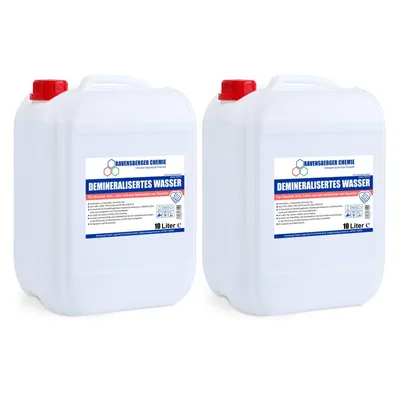 Produktbild von Ravensberger Chemie Demineralisiertes Wasser – vollentsalzt & entionisiert, kalkfrei für Auto, Batterie, Haushalt, Dampfbügeleisen und Labor - 2x 10L