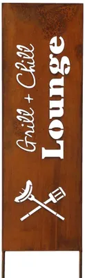A decorative garden sign made of rusted metal with the words "Grill & Chill" and "Lounge" and an image of a sausage on a fork and a spatula.