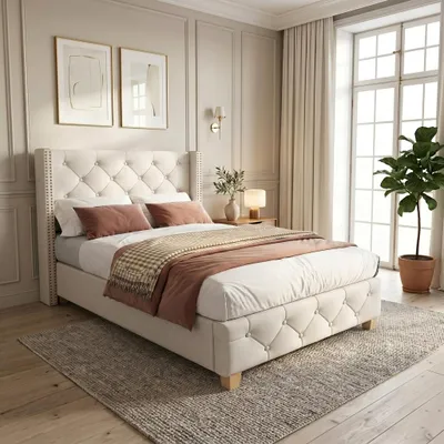 Obrázok produktu pre Postel s čalúneným rámom, 90 x 200 cm, s roštom, celkové rozmer: 205 x 100 x 108 cm, vhodná do spální a hosťovských izieb, poťah z ľanu, farba: béžová