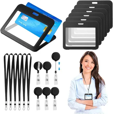 Imagen del producto de Soporte transparente para identificaciones, paquete de 6 unidades, con cordón y llavero retráctil, ideal para el trabajo y eventos