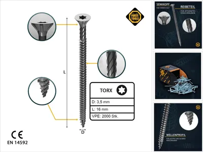 Obrázok produktu pre FORTE Tools Univerzálna skrutka do dreva 3,5 x 16 mm T15 2000 ks ( 4x 000040113860 ) strieborná pozinkovaná Torx so zápustnou hlavou s plným závitom