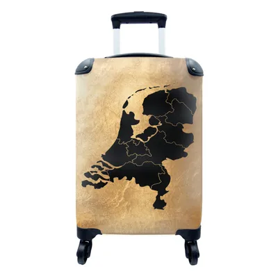 Produktbild von MuchoWow® Koffer Handgepäck Trolley Rollkoffer Kleine Reisekoffer mit 4 Rollen - Karte Niederlande - Schwarz - Gold - Cabin Size < 55x40x23 cm & 55x40x20 cm - Fotokoffer - Kabinenkoffer - Boardgepäck - Reise-Box - Reisekoffer - Reisegepäck - Koffer mit Bild - Trolley für Kinder