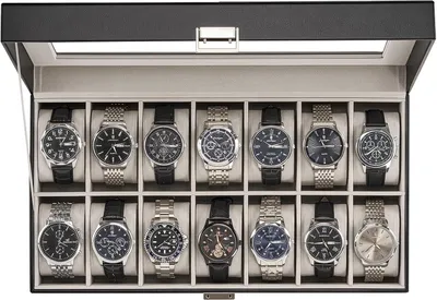 Immagine prodotto di Scatola per orologi da uomo, nera, con coperchio in vetro, supporto per orologio e 14 scomparti