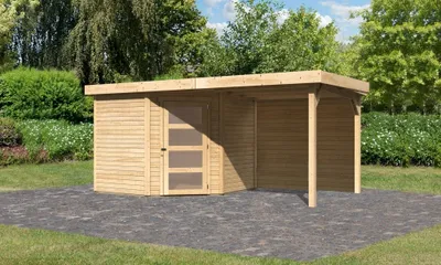 Productafbeelding van Tuinhuis Schwandorf, 5 modellen, in een set met een uitbouw, 2,40 meter breed en met een achterwand van 19 mm dik