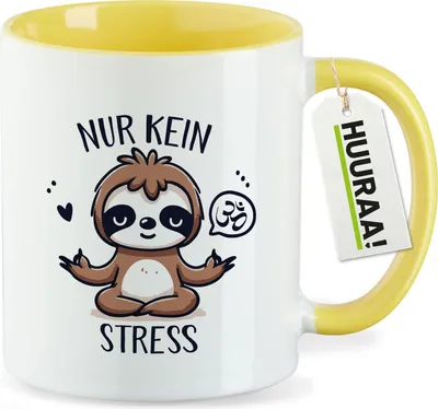 Produktbild von Huuraa Kaffeetasse Nur keinen Stress Yoga Faultier 330ml Gelb Keramik Kaffeebecher Geschenkidee