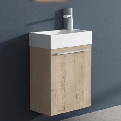 Produktbild von doporro Badmöbel-Set Waschtisch mit Unterschrank in Eiche Greige Waschbeckenunterschrank Gäste WC 46x26x63cm mit matt Weiß Waschbecken Pisa
