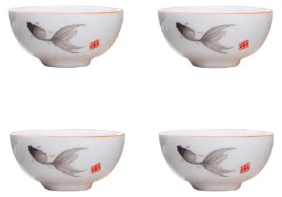 Productafbeelding van Thee-proefbekers - Set van 4, wit porselein met vismotief - Geschikt voor Gongfu-theeceremonie - 57 ml
