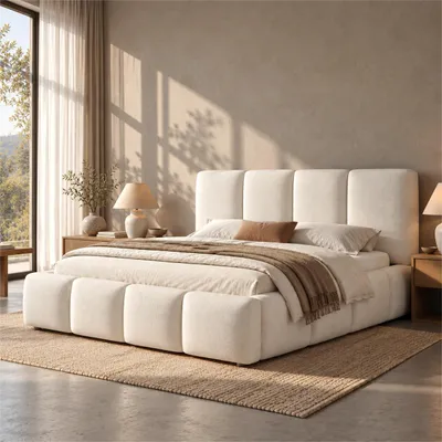 Produktbild von okwish Polsterbett 160×200 mit Bettkasten,gepolstertem Kopfteil,Lattenrost,Doppelbett mit Stauraum,Jugendbett Weiß,Bouclé,ohne Matratze